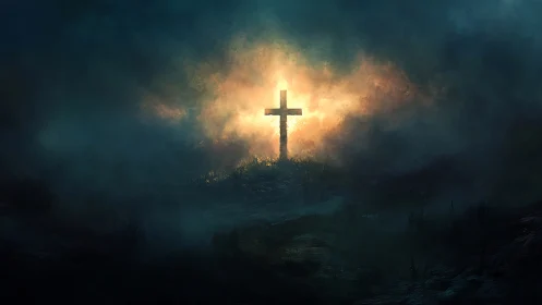 Lone radiant cross burning through storm-darkened twilight sky.