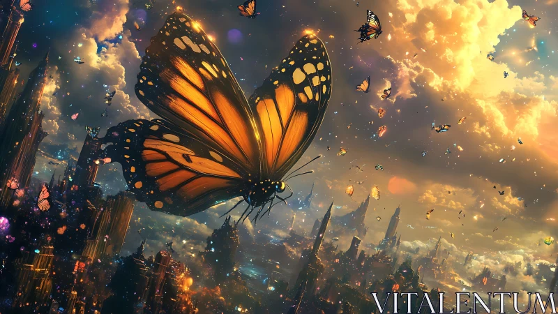 Giant monarch butterfly soars above luminous fantasy city