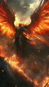 Blazing winged warrior rises boldly from a storm of fire