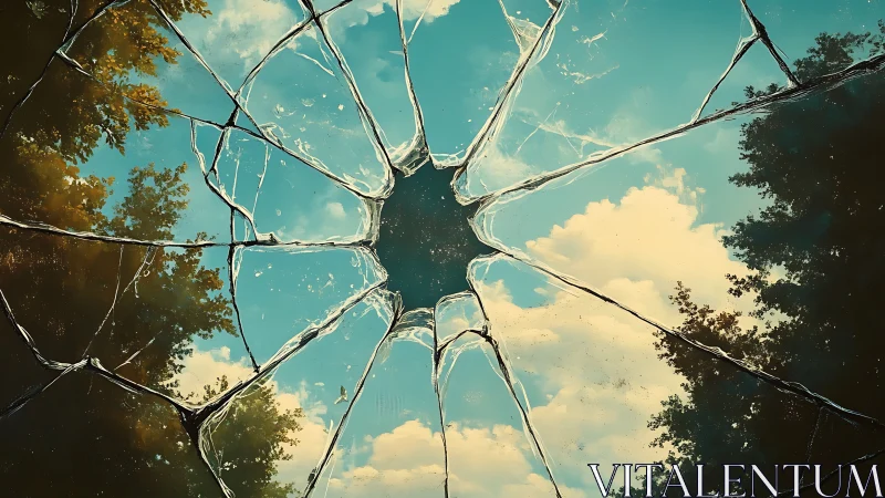 Broken Glass Sky Reflection with Forest Edges in Surreal Style.