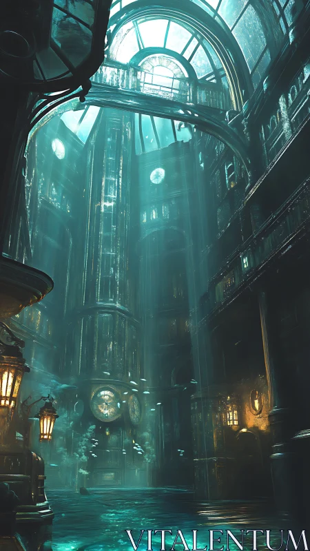 Submerged glass atrium with clocks and diffused teal light.