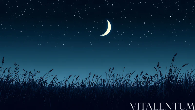 Crescent moon hangs over quiet field beneath starlit sky