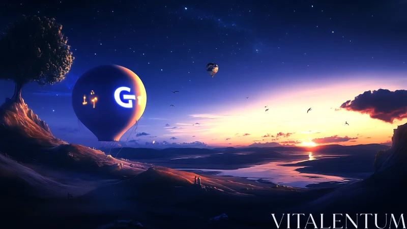 Glowing hot air balloon floats above a dreamlike sunrise bay.