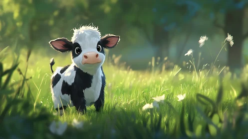 Cute calf stands in glowing meadow under soft sunlight.