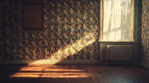 Gentle morning light in a quiet, floral wallpapered room.