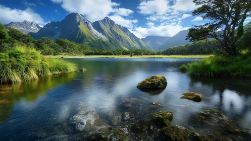 Mountain lake landscape with forest, river stones, and clouds.