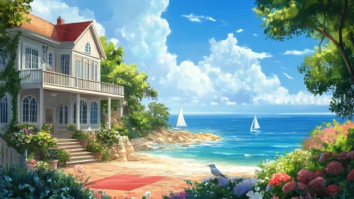 Sunny coastal cottage with garden, beach, and sailboats.