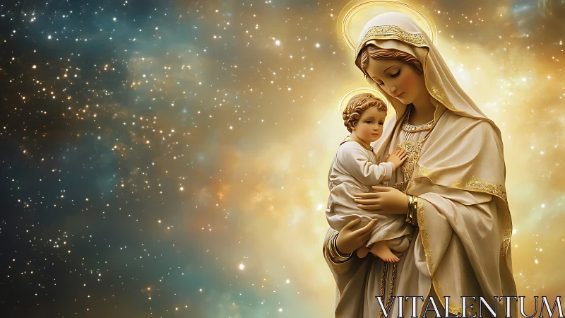 Sacred mother and child against luminous star field.