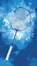Bold badminton racket floats against splashed blue sky