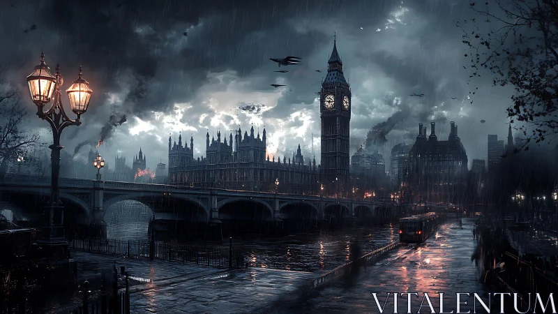Storm-lashed neo-noir London skyline under burning clouds.
