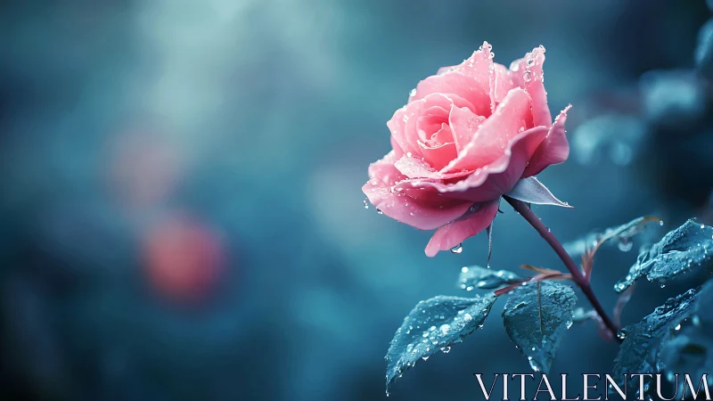 Pink rose with dewdrops photographed against soft-focus blue background.