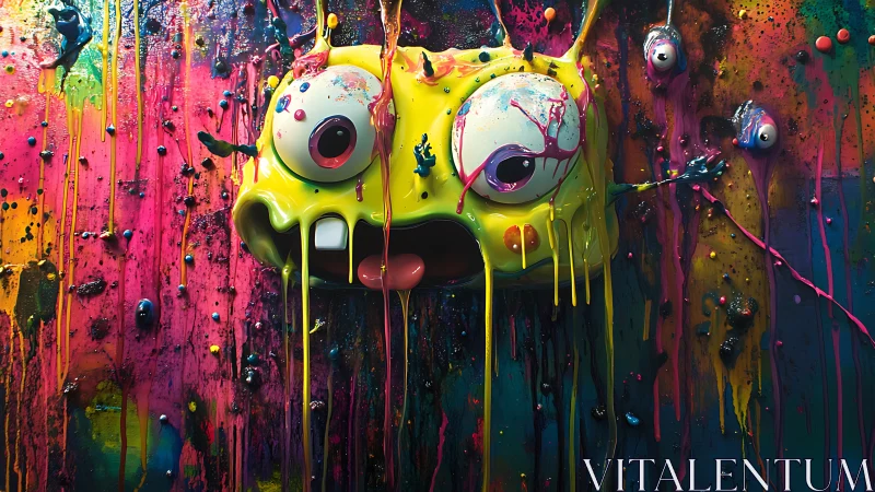 Playful monster face melting into wild neon paint splashes.
