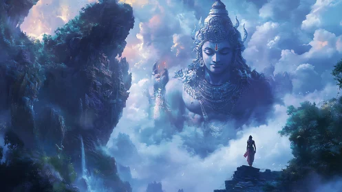 Skyborne deity emerges above misty cliffs and pilgrim.