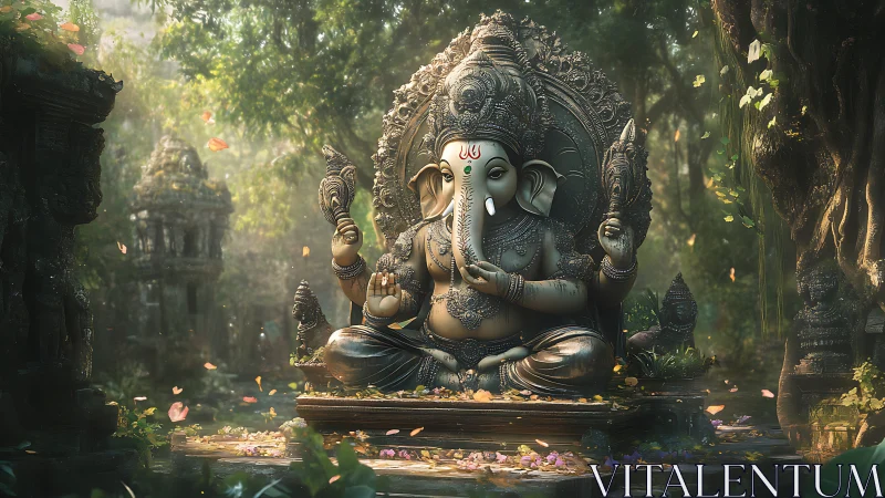 Gentle forest shrine with serene elephant deity at rest.