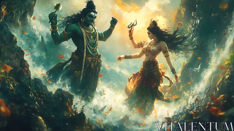 Divine couple dance amid luminous river surge and golden sky.