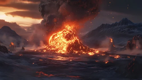 Volcanic Eruption in Alpine Valley at Sunset.