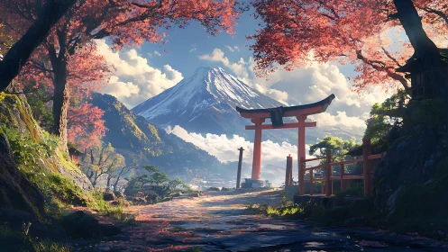 Torii gate path before snowcapped mountain in spring light.