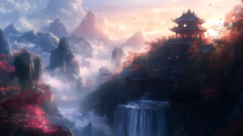 Sunlit mountain temple overlooks cascading waterfall at dusk