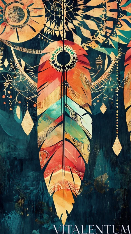 Vertical feather motif aligns with abstract circular ornaments