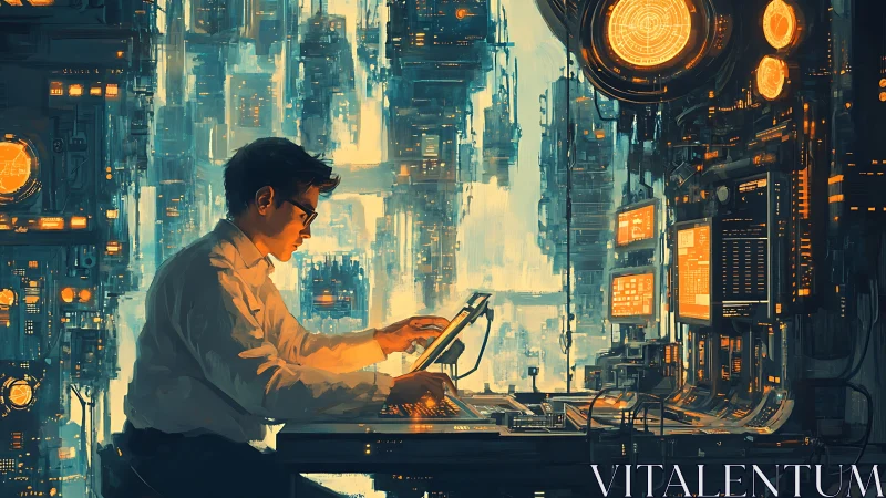 Cyberpunk analyst studies neon data grids in teal glow.