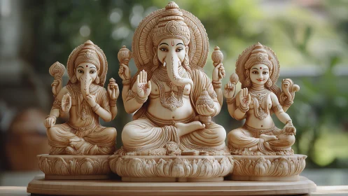Detailed wooden Ganesha family sculpture shows intricate iconography