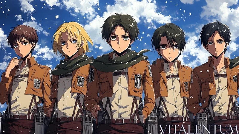 Group portrait of five uniformed anime soldiers outdoors.