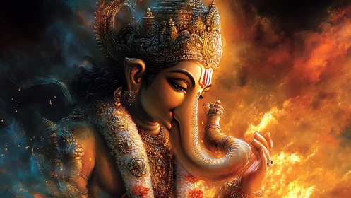 Divine elephant-headed deity in radiant fiery aura.