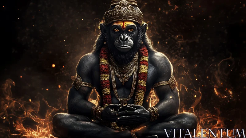 Digital painting of mythic simian deity in flaming mandala frame.