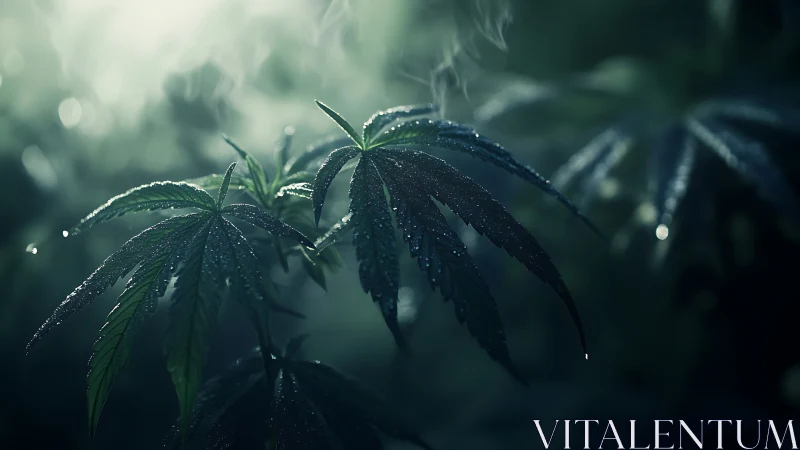 Gentle dawn light on dewy green leaves in tranquil mist.