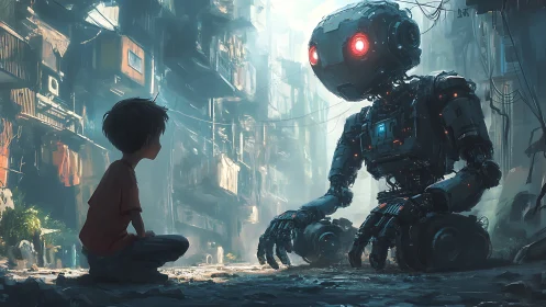 Curious boy and gentle robot share a quiet city street moment