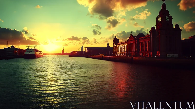 Digital painting of waterfront sunset with historic skyline silhouettes.