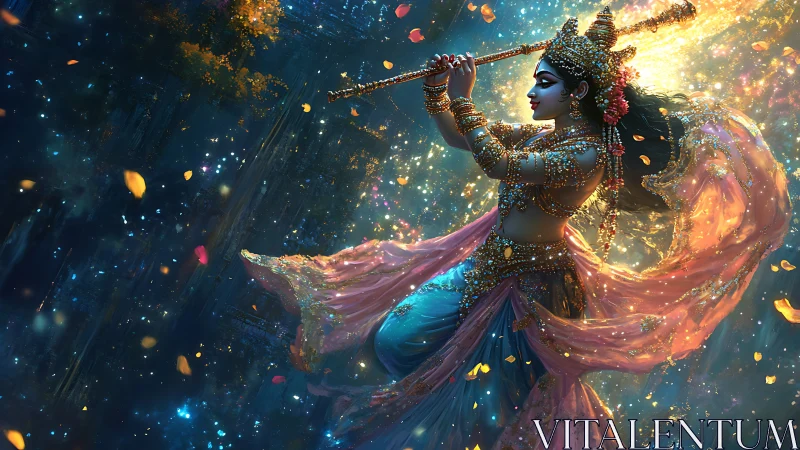 Luminescent deity with jeweled ornaments amid dynamic particle field