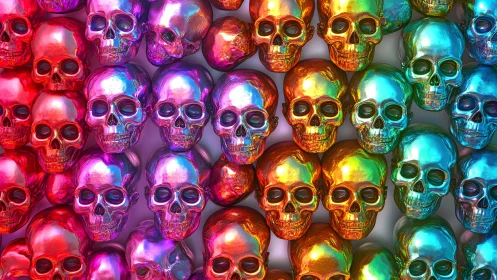 Vibrant Rainbow Metallic Skulls in Pop Art Style Pattern.