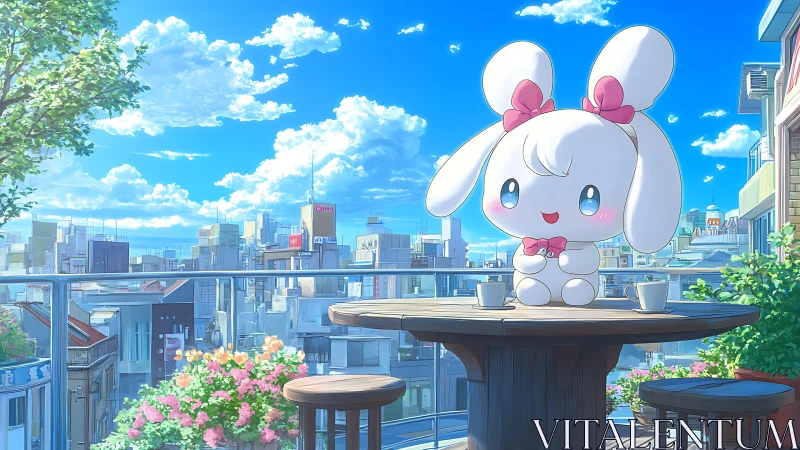 Cartoon rabbit character sits on rooftop terrace in cityscape