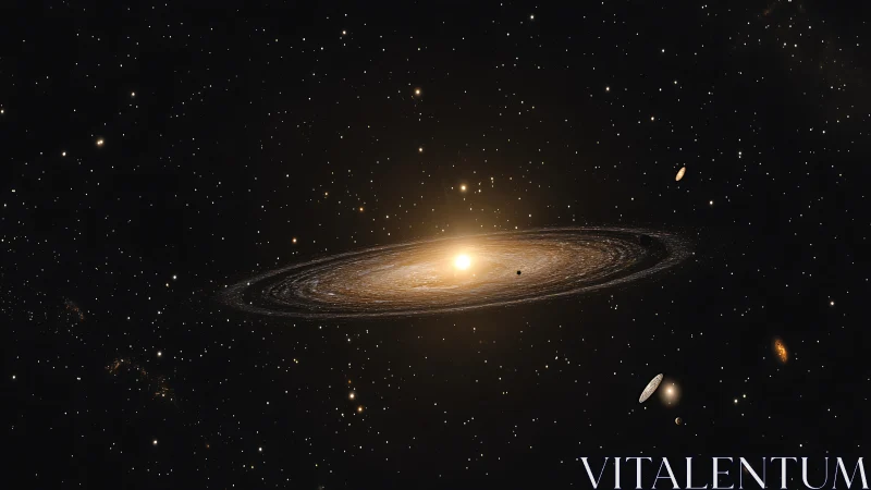 Radiant spiral galaxy encircled by distant luminous worlds.