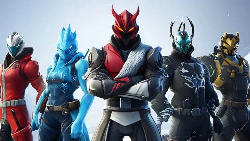 Group of armored sci fi characters in stylized 3D lineup.