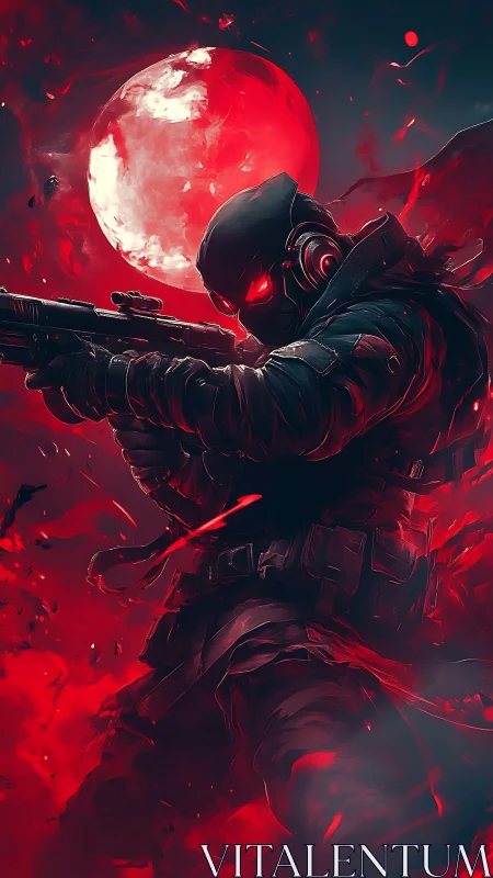 Ballistic operative under crimson lunar radiative bloom.