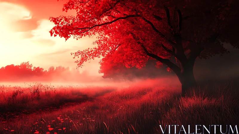 Infrared red meadow sunrise with solitary deciduous tree silhouette