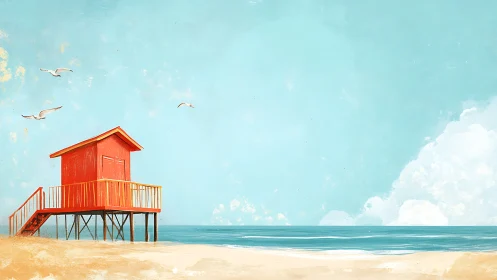 Scarlet lifeguard hut dreaming beside an endless turquoise sea.