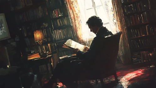 Solitary reader studies quietly in a sunlit vintage library