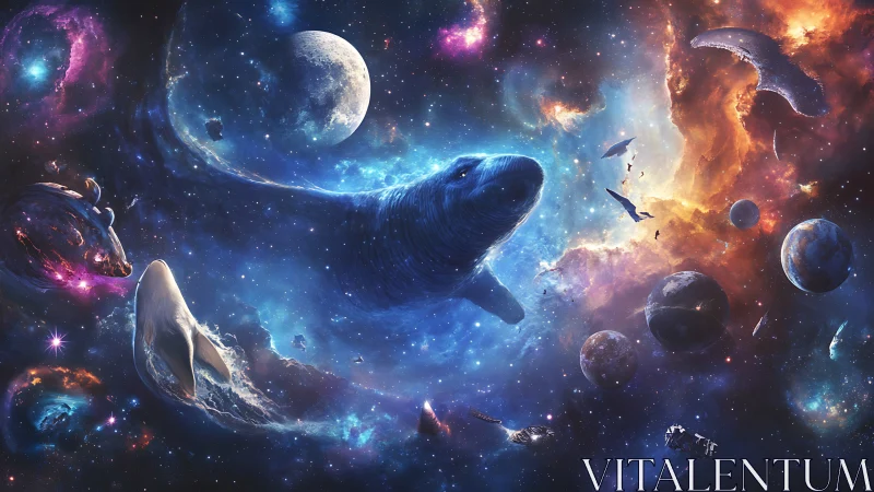 Cosmic whale nebula traverses starfields and fractured planets