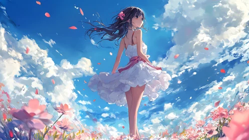 Girl in white dress standing in flower field under sky.