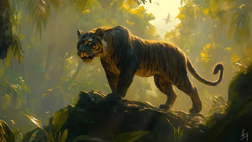 Sunlit jungle tiger pausing on a mossy path of wonder.