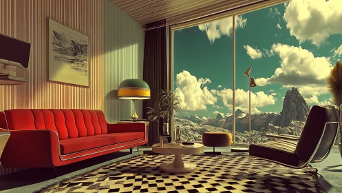 Midcentury modern lounge frames expansive alpine panorama
