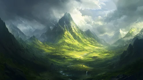 Sunlit valley of emerald peaks under gathering clouds.