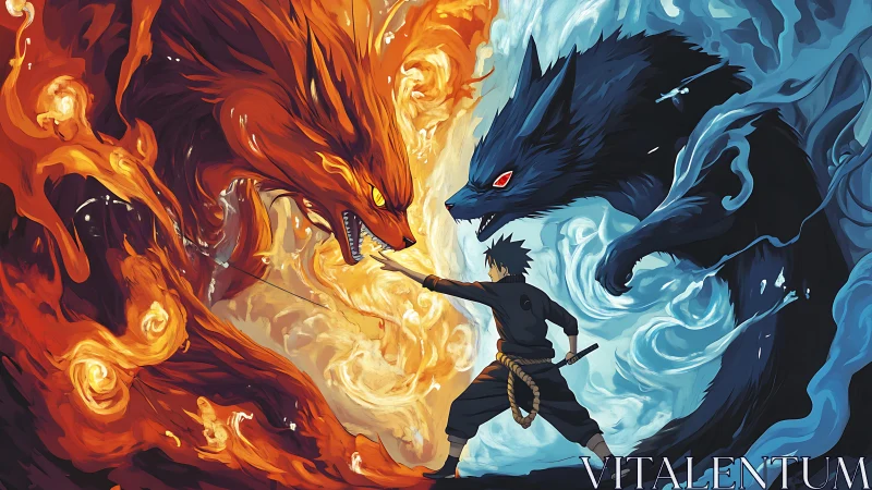 Fiery and icy spirit beasts clash as a lone hero stands firm