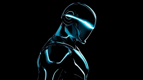 Neon-edged cybernetic humanoid profile in glossy black armor