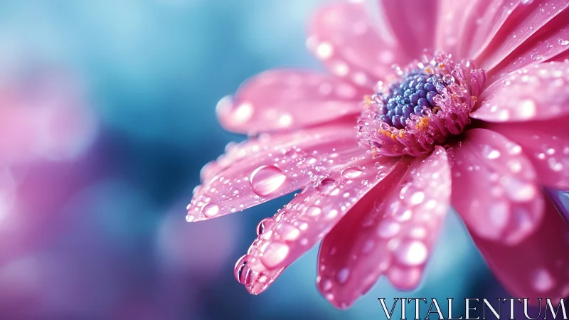 Pink Gerbera Daisy with Rainwater Droplets on Blue Background.