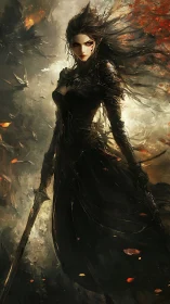 Dark armored swordswoman in storm of ash and burning leaves