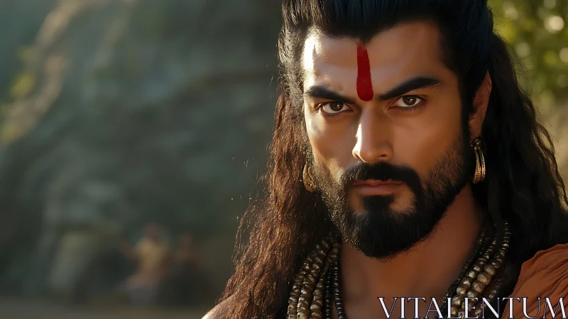 Warrior with red tilak stares forward in close portrait